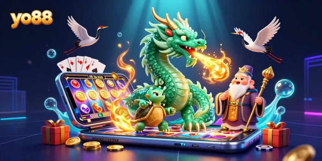 Spin to win at yo88 with vibrant slots and a mystical dragon in an enchanting casino scene.