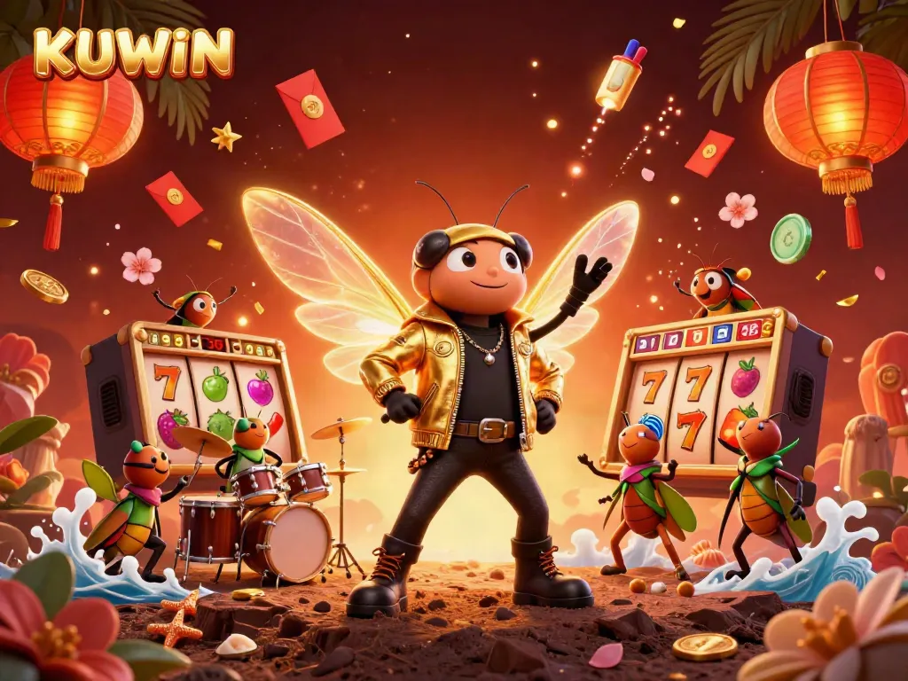 KUWIN slots come alive in a vibrant 3D illustration featuring dynamic game elements and energetic characters.