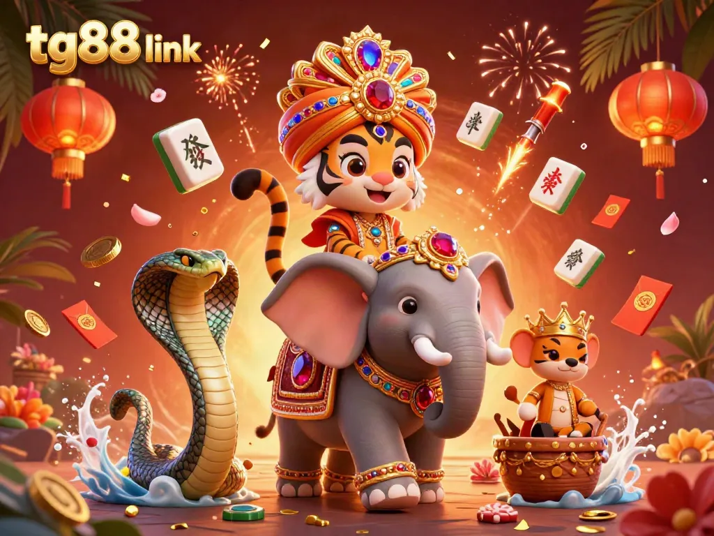 Engage with tg88 link through this vibrant casino scene featuring an Indian maharaja tiger, elephant, and cobra.