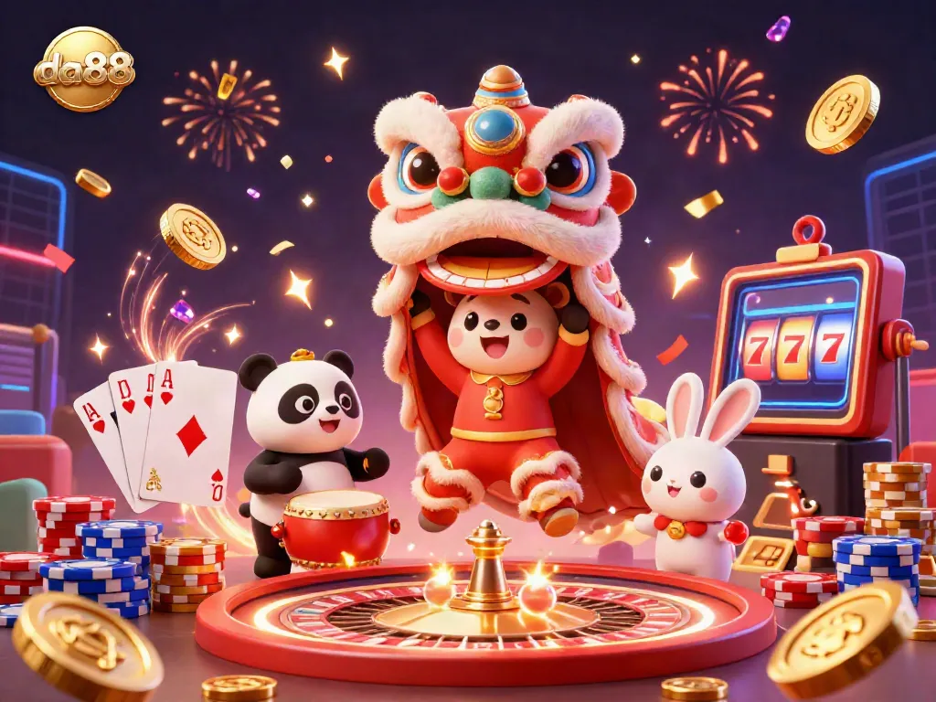 Experience the excitement of da88 as a lion dance, drumming panda, and firecracker rabbit celebrate with vibrant casino elements.