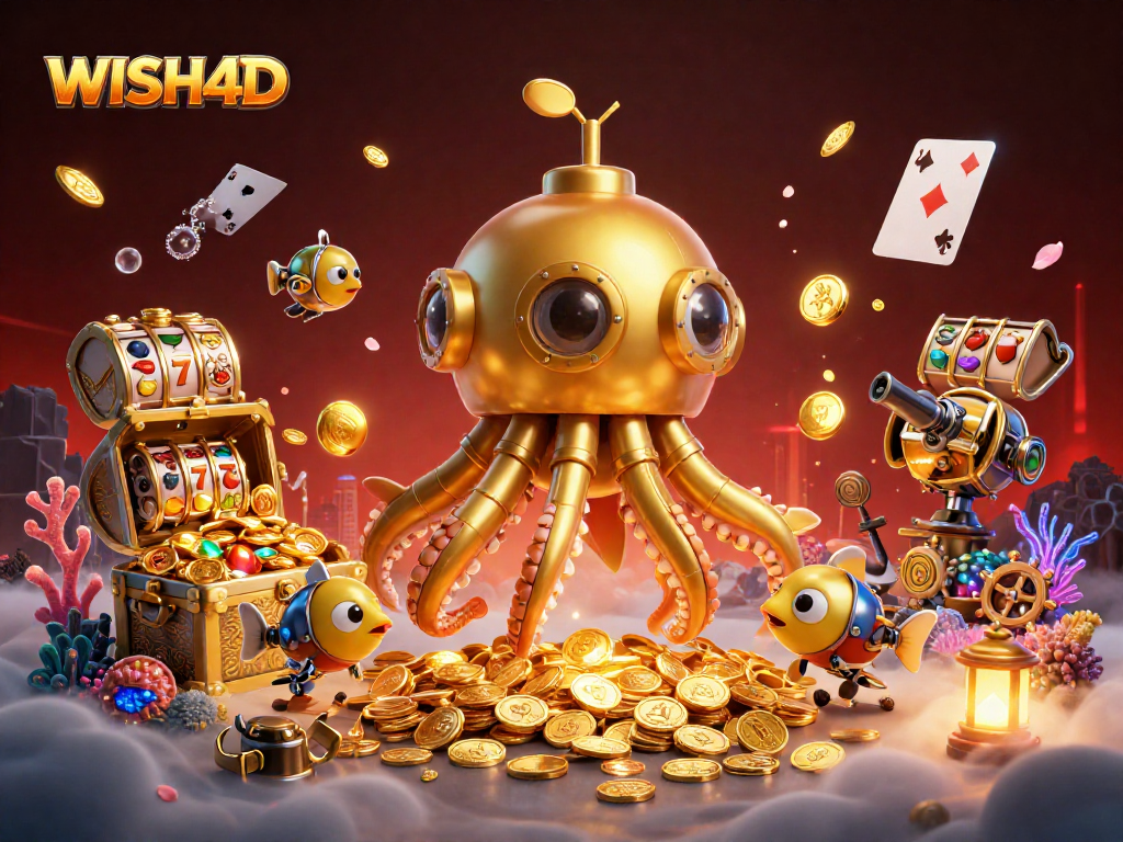 Experience WISH4D with an engaging underwater casino adventure illustration featuring a golden kraken.