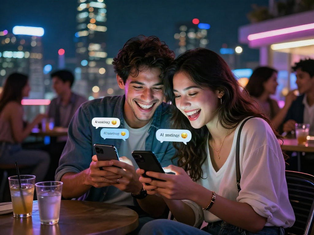 Young couple enjoying ai sexting in a vibrant nightlife setting with playful texting.