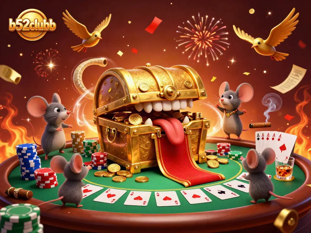Experience excitement at b52clubb with 3D treasures and animated poker elements.