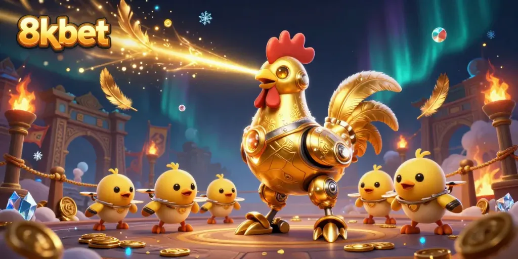 Experience thrilling gameplay at 8xbet with a dynamic 3D casino scene showcasing unique characters and gold coins.