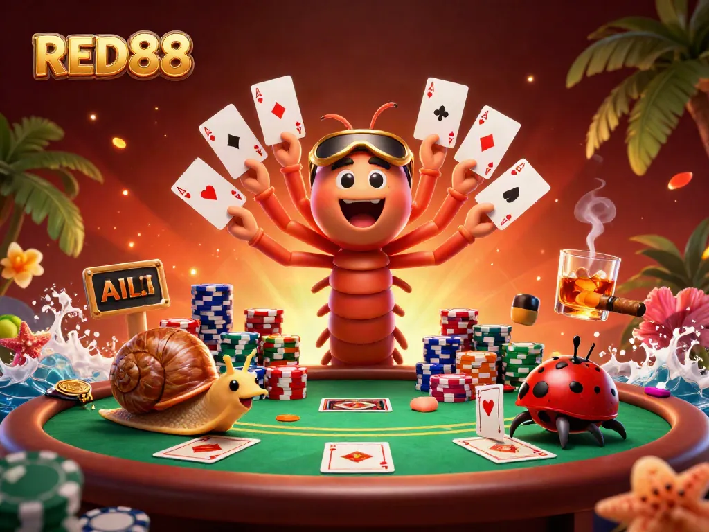Experience the thrill of RED88 with a vibrant 3D cartoon casino scene featuring animated characters and poker elements.