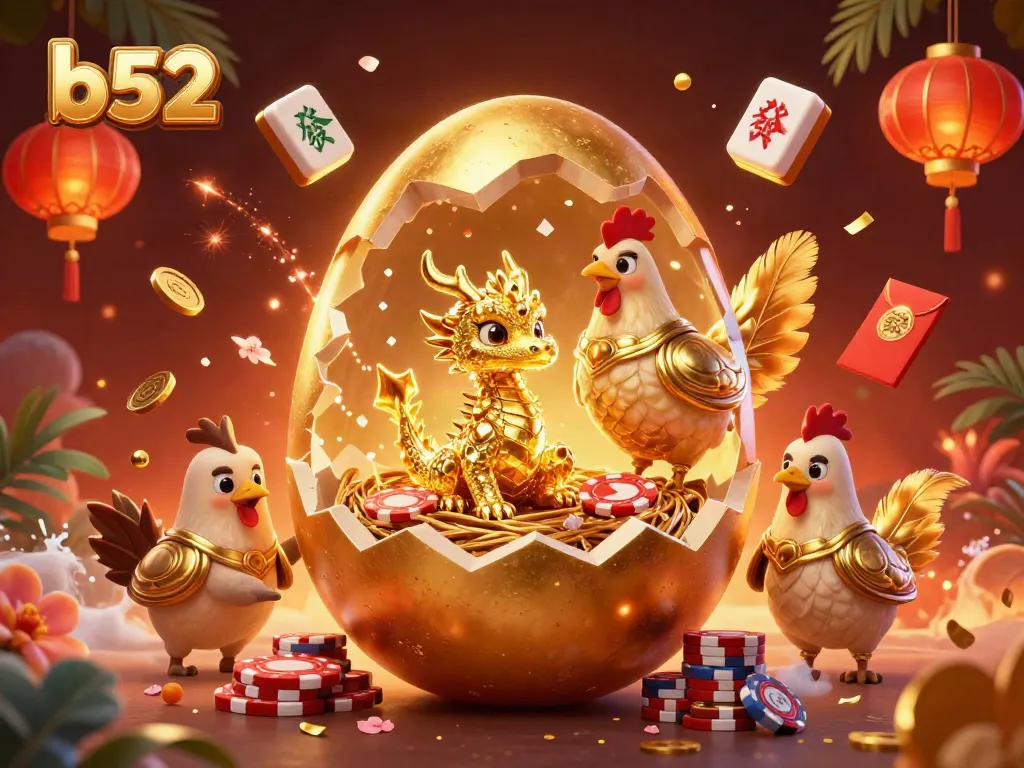 Experience the b52 thrill as a golden dragon emerges amidst vibrant gambling elements in this engaging illustration.