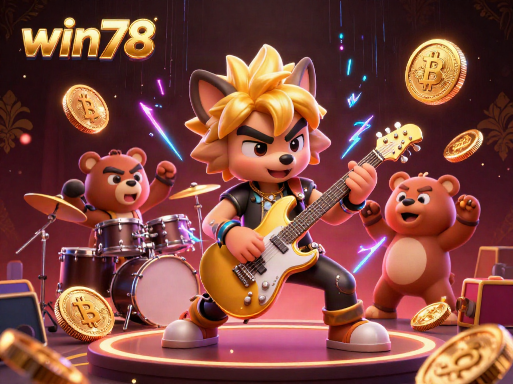 Experience the thrill of win78 with a lively 3D casino scene showcasing a rock star wolf and drummer bear.