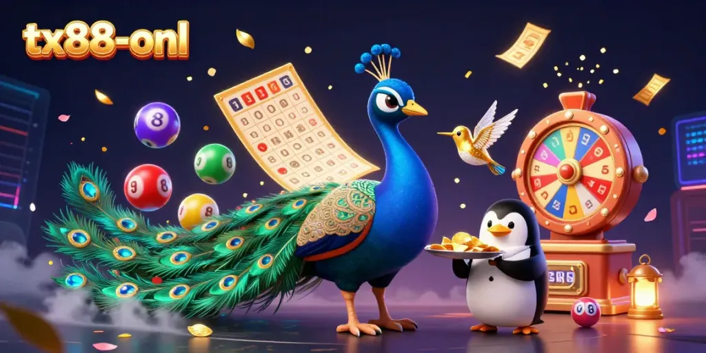 Experience vibrant action in tx88-onl with a lively casino-themed scene featuring a peacock, penguin, and hummingbird.