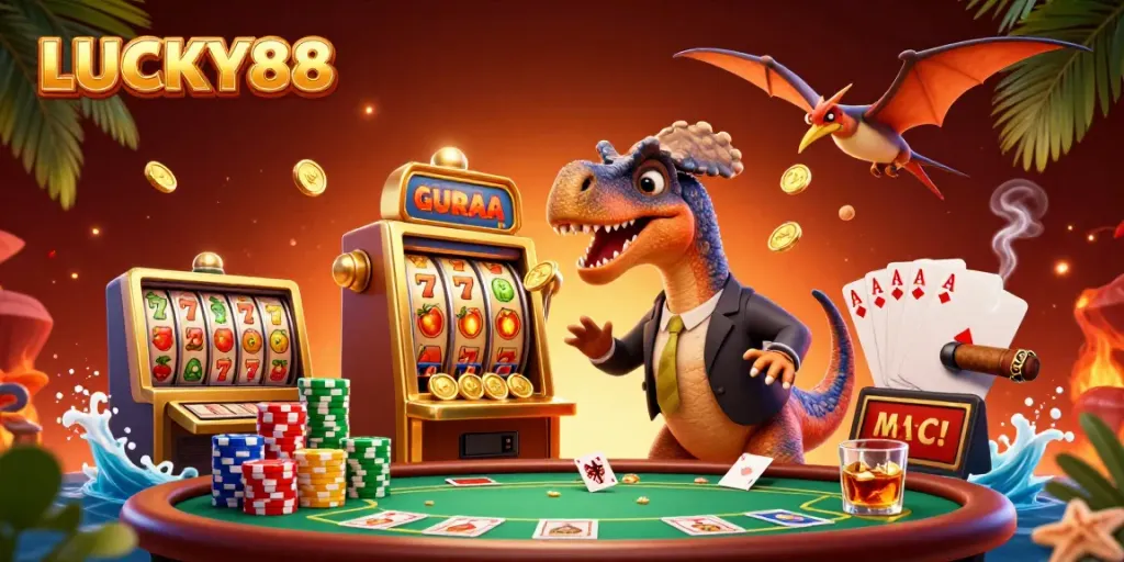 LUCKY88: A pachycephalosaurus celebrates a jackpot win, while characters interact around casino elements.