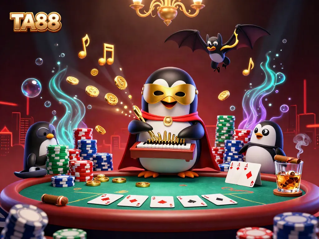 Experience the excitement of TA88 with this vibrant casino scene featuring a penguin, gold coins, and poker elements.