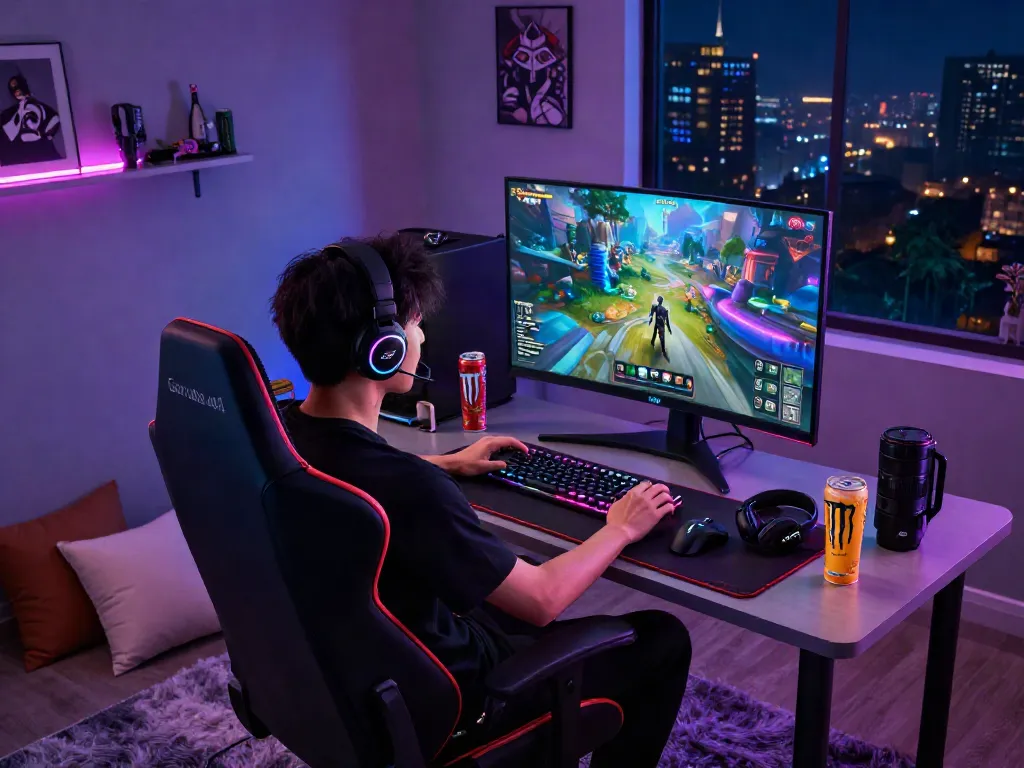 Gamer immersed in gameplay on Garuda 404 platform with vibrant graphics and RGB setup.