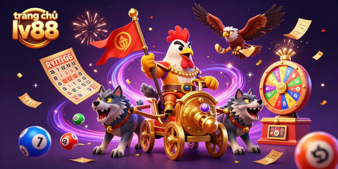 Experience excitement at trang chủ lv88 with a dynamic illustration of a rooster warlord leading a vibrant casino celebration.