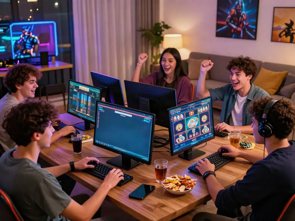 Friends enjoying a lively slot88 gaming night with vibrant visuals.