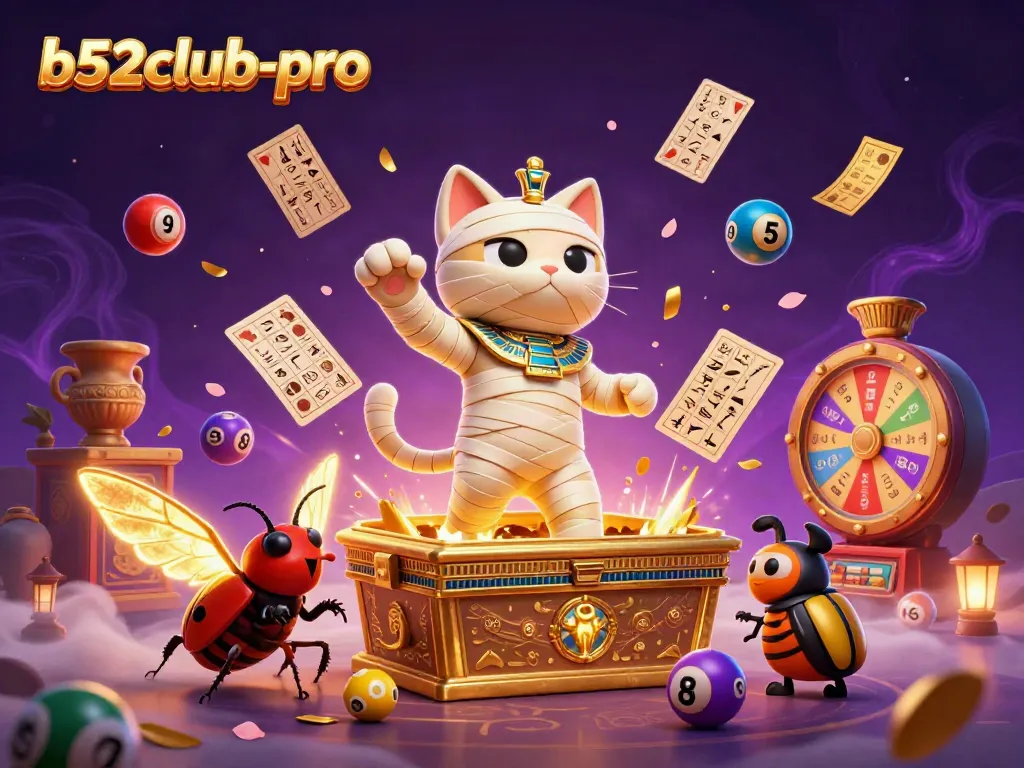 Engage with b52club-pro's thrilling casino experience featuring an Egyptian mummy cat emerging from treasure.