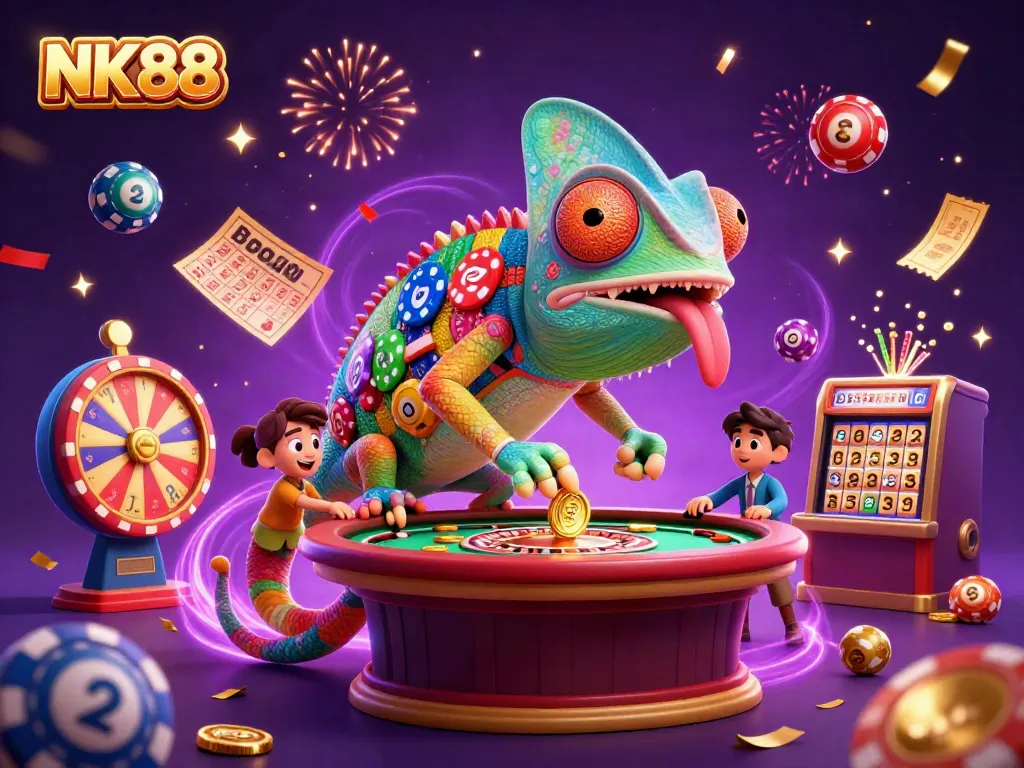 Engage with NK88's vibrant casino scene featuring a chameleon casino owner in action.