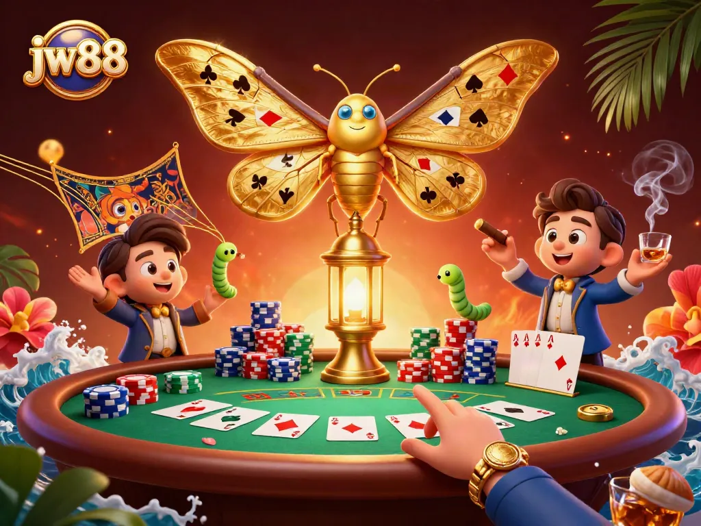 Join the excitement at jw88 with vibrant casino imagery featuring poker elements and a majestic moth.