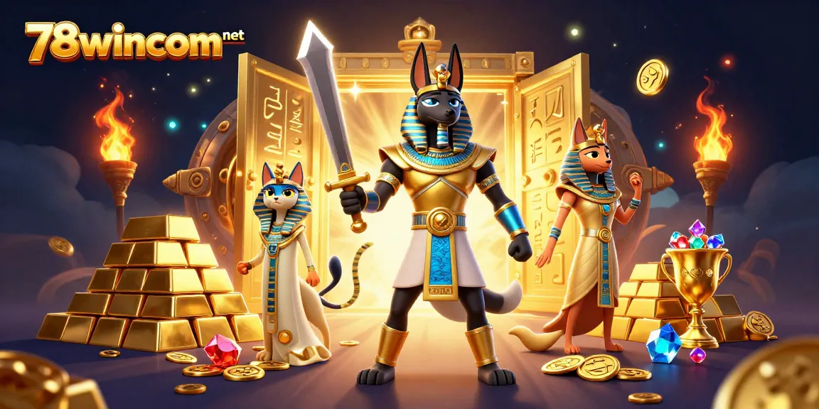 Engage with the enchanting scene at 78wincom net, featuring Anubis and Bastet amid treasures and glowing hieroglyphs.