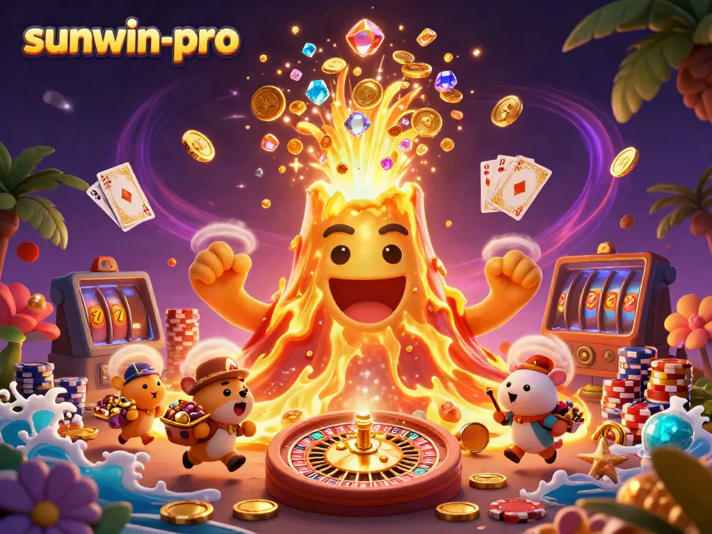Experience the thrill of sunwin-pro’s casino with a golden volcano erupting coins surrounded by playful explorer animals.